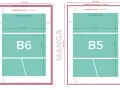 Comparativa visual del tamaño B5 vs A4, mostrando dimensiones y márgenes para diseño.