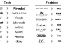 Evolución logos de Tech y Fashion. Muestra cómo marcas como Facebook y Balenciaga han simplificado sus diseños.