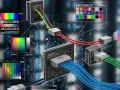 Diagrama de conexiones con cables de colores (rojo, verde, azul) y paletas de **color RGB**. Muestra la codificación de colores y la transmisión de datos.