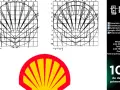 Dos diagramas muestran diferentes tipos de retícula para el diseño de un logo, similar a la concha de Shell.