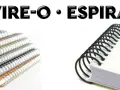 Apilamiento de cuadernos con encuadernación wire-o y un primer plano de un cuaderno con espiral negro.