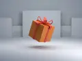 Caja naranja con lazo rojo flotando, simbolizando el significado de un giveaway.