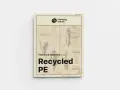 Portada de "Fabrics & Materials Explained: Recycled PE". Muestra ilustraciones de materiales y el sello "Recycled Materials", explicando que es raw.