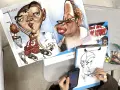 Un libro muestra qué es una caricatura con dibujos exagerados de un jugador de baloncesto y una mujer. Alguien dibuja otra caricatura.
