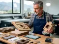 Hombre con delantal revisa un troquel de madera, herramienta esencial para cortar cartón y crear empaques.