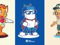 Tres mascotas de marcas: un gato naranja con mochila, un personaje blanco con capa y gafas de sol, y una niña exploradora.