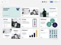 Una presentación de Miro con diapositivas sobre datos en vivo, una app, tamaño de mercado y que son los pictogramas, con ejemplos visuales.