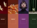 Paleta de colores inspirada en mariposas, un helado naranja, una modelo con maquillaje morado y un mojito, evocando los colores de la navidad.