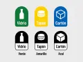 Seis contenedores con el **símbolo de reciclaje** para vidrio, tapón y cartón, en colores verde, amarillo y azul.