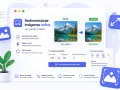 Herramienta para redimensionar foto online sin perder calidad. Muestra antes y después de una imagen de paisaje, con opciones de tamaño y formatos.