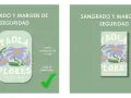 Comparación de tamaño fotos: logo "PAOLA FLORES FLORISTERÍA" con sangrado correcto (check verde) y incorrecto (X roja).