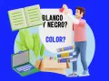 Un hombre con una camisa rosa y pantalones azules sostiene un cartel que dice "BLANCO Y NEGRO? COLOR?". Hay un libro abierto, plantas verdes, un portátil y libros flotando.