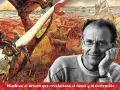 Moebius, el dibujante visionario, sonríe ante su obra: un mundo fantástico con criaturas extrañas y paisajes desérticos.