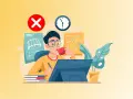 Un joven con gafas bebe café mientras trabaja en su computadora, rodeado de planos y un reloj. Un símbolo de "X" roja indica que no es la forma correcta de hacer brainstorming.