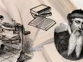 Retrato de Gutenberg, el hombre quien inventó la imprenta, junto a una prensa antigua y libros.