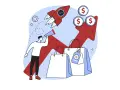 Hombre con catalejo busca oportunidades para la generación leads, con cohete despegando y bolsas de compras.