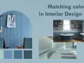Paleta de colores inspirada en el **color azul** para interiores, mostrando un baño elegante y una piscina moderna.