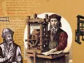 Retrato de Johannes Gutenberg junto a su imprenta, revolucionando la difusión del conocimiento.