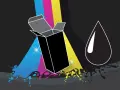 Caja negra abierta con salpicaduras de tinta cian, magenta y amarilla. Gota de tinta negra.