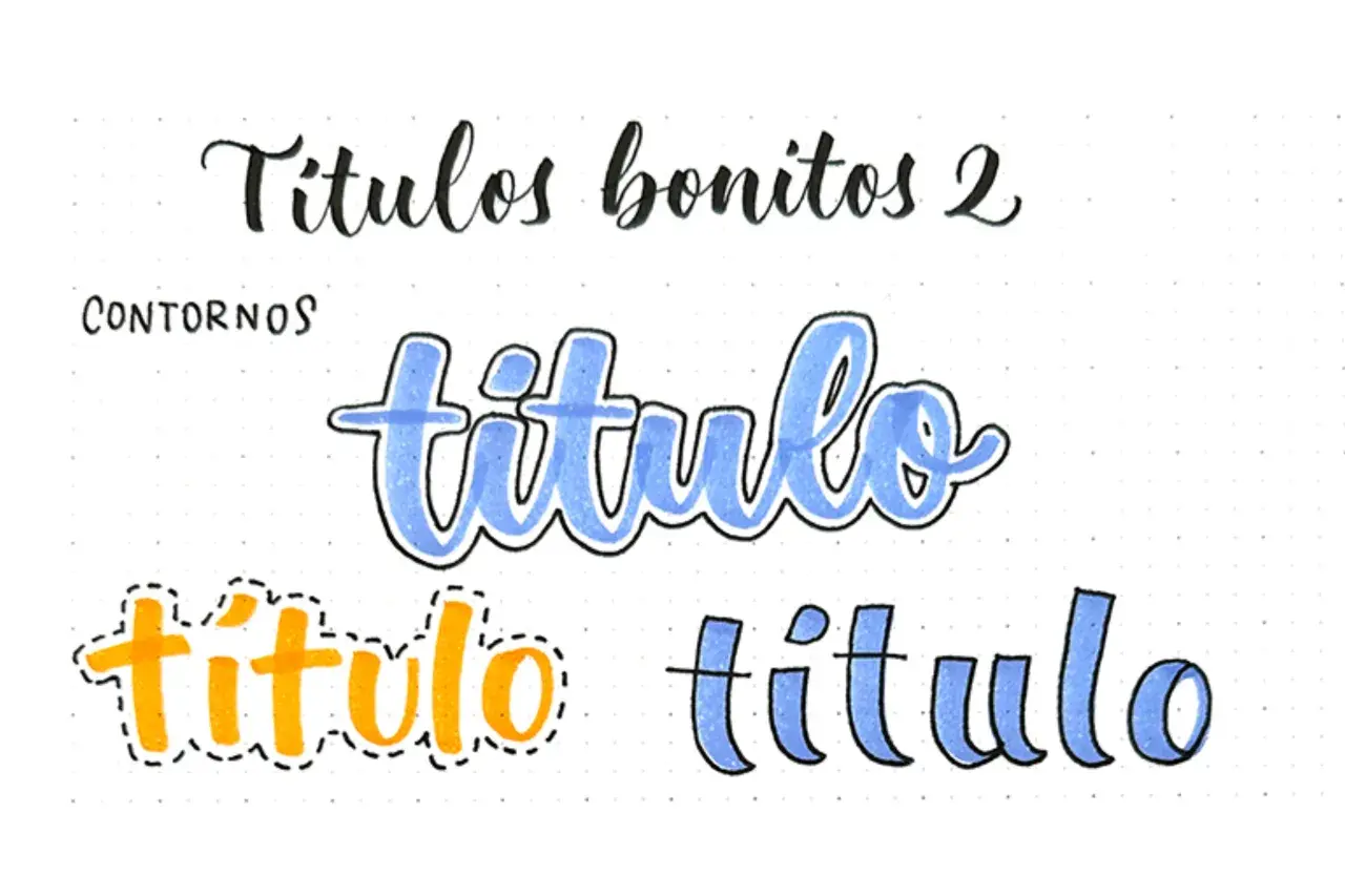 Ejemplos de letras para títulos: "Títulos bonitos 2", "CONTORNOS", y varios estilos de "título" en azul y naranja.