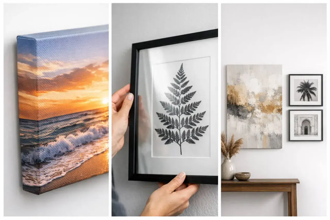 Un lienzo con un atardecer en la playa, una hoja de helecho enmarcada y arte abstracto sobre una mesa.