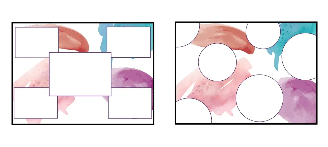 Dos diseños de collage con acuarelas en tonos pastel y espacios en blanco para texto o imágenes.