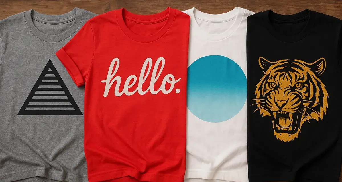 Cuatro camisetas con diseños variados: pirámide, "hello", círculo degradado y tigre. Ideas para como diseñar una camiseta.