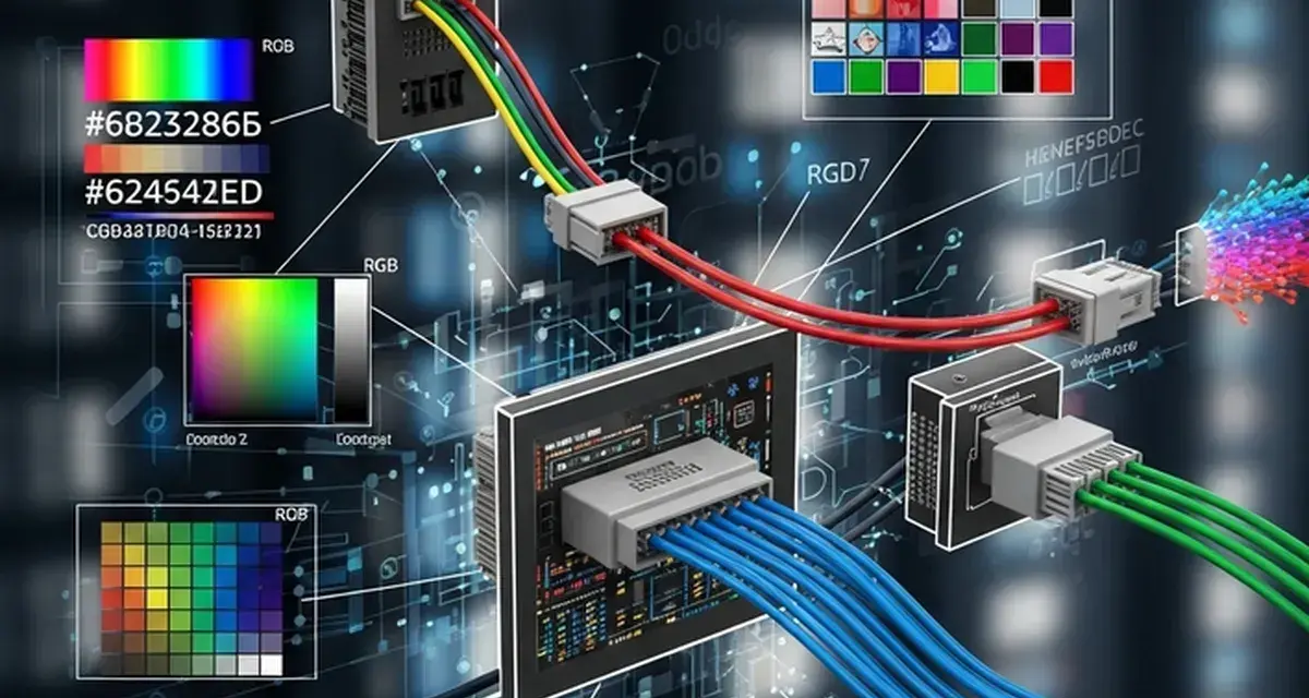 Diagrama de conexiones con cables de colores (rojo, verde, azul) y paletas de **color RGB**. Muestra la codificación de colores y la transmisión de datos.