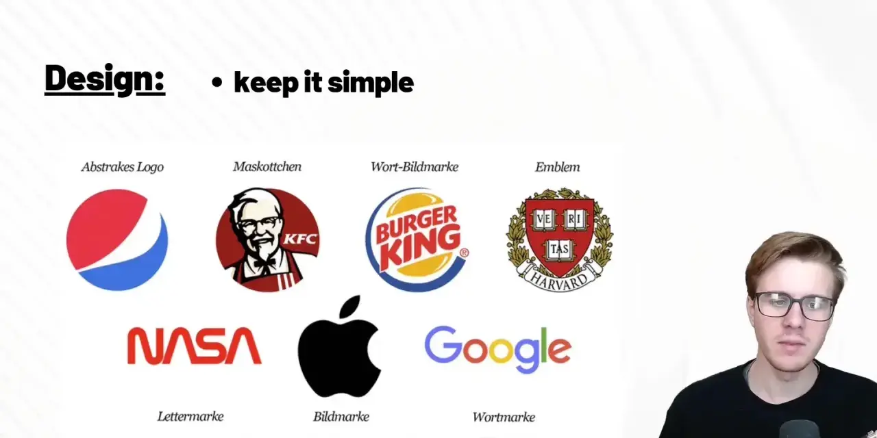 Ejemplos de ideas de logos: Pepsi, KFC, Burger King, Harvard, NASA, Apple y Google.