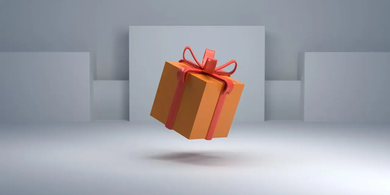 Caja naranja con lazo rojo flotando, simbolizando el significado de un giveaway.