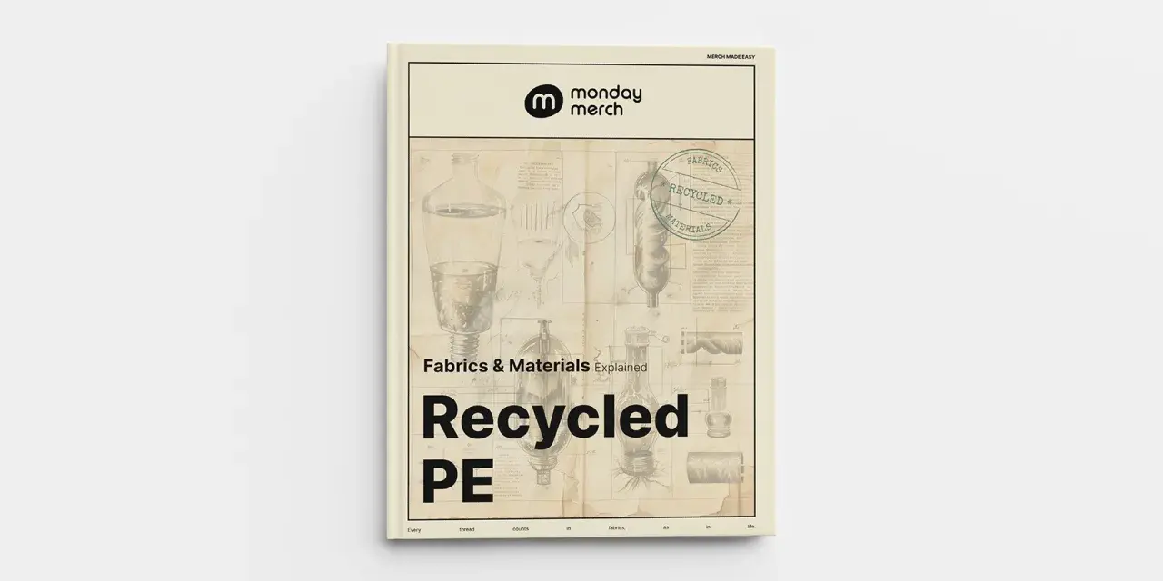 Portada de "Fabrics & Materials Explained: Recycled PE". Muestra ilustraciones de materiales y el sello "Recycled Materials", explicando que es raw.
