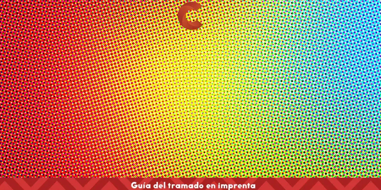Fondo degradado de puntos rojos, amarillos y azules. Una "C" naranja flota en el centro. Guía del **trama**do en imprenta.