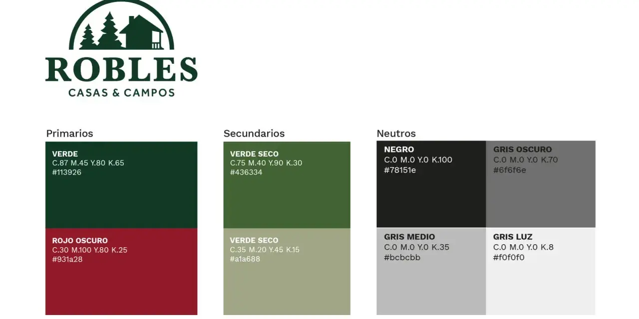 Paleta de colores de "Robles Casas & Campos". El verde, que significa naturaleza y tranquilidad, se presenta en tonos primarios y secundarios.