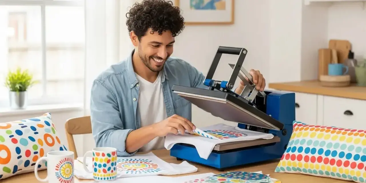 Hombre sonriente usando una plancha de calor para un ejemplo de sublimación en una camiseta. Hay tazas y cojines con diseños coloridos.
