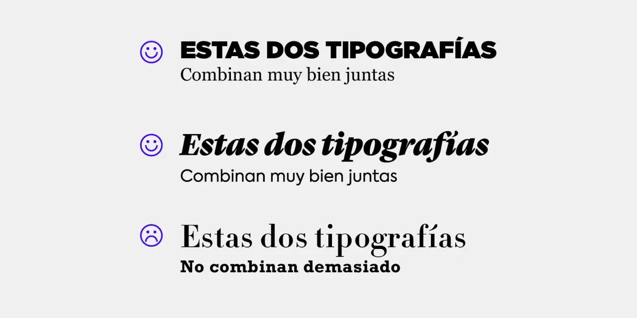 Ejemplos de combinaciones tipográficas: una con cara sonriente y texto en mayúsculas, otra con cara sonriente y texto en cursiva, y una última con cara triste y texto en cursiva, mostrando un posible error tipográfico.
