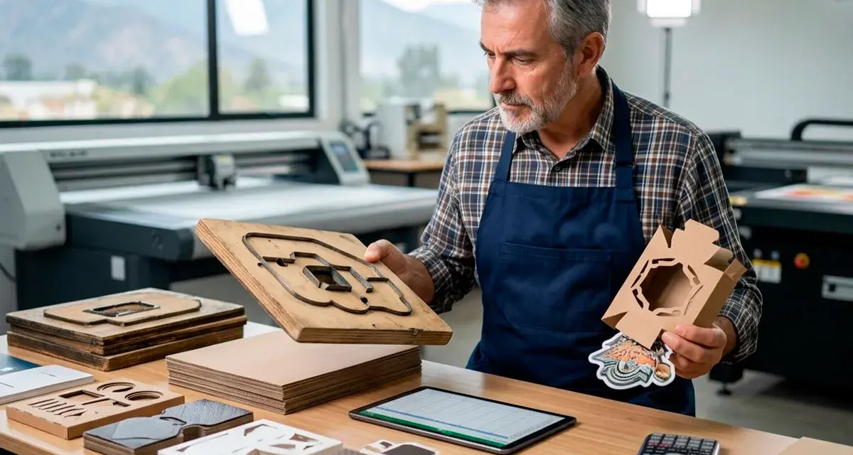 Hombre con delantal revisa un troquel de madera, herramienta esencial para cortar cartón y crear empaques.