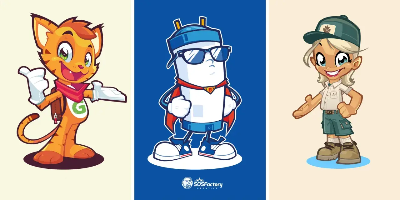 Tres mascotas de marcas: un gato naranja con mochila, un personaje blanco con capa y gafas de sol, y una niña exploradora.