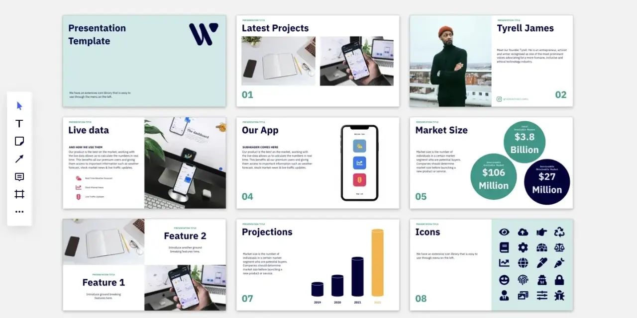 Una presentación de Miro con diapositivas sobre datos en vivo, una app, tamaño de mercado y que son los pictogramas, con ejemplos visuales.