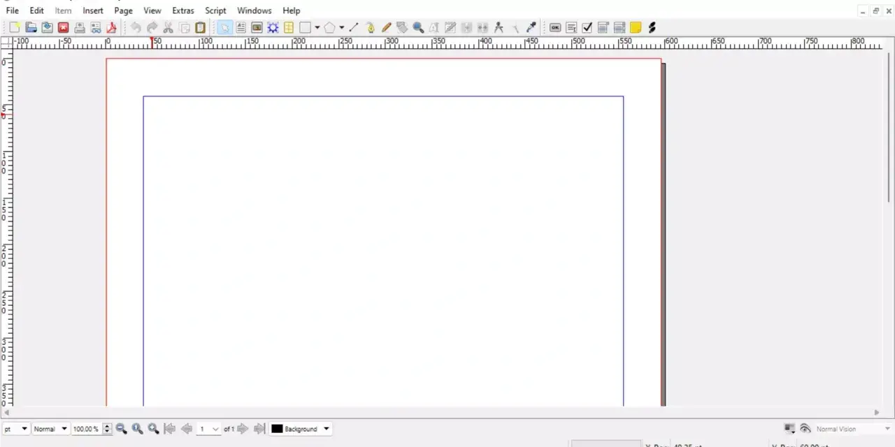 Interfaz de Scribus, un programa de maquetación similar a InDesign gratis, mostrando reglas y un área de trabajo con guías.