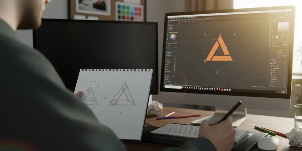 Diseñador gráfico esboza ideas en cuaderno y crea un logo en su computadora. Un buen lugar donde estudiar diseño gráfico.
