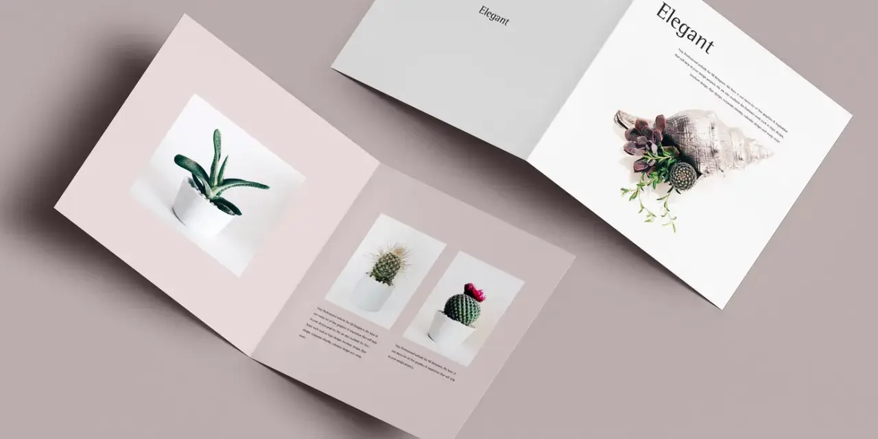 Un diptico elegante con imágenes de suculentas y cactus en macetas blancas, y una concha marina decorada con plantas.