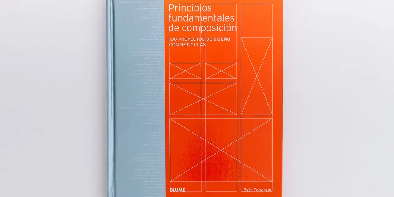 Libro "Principios fundamentales de composición: 100 proyectos de diseño con retículas". Portada naranja con diagramas de retículas en blanco.