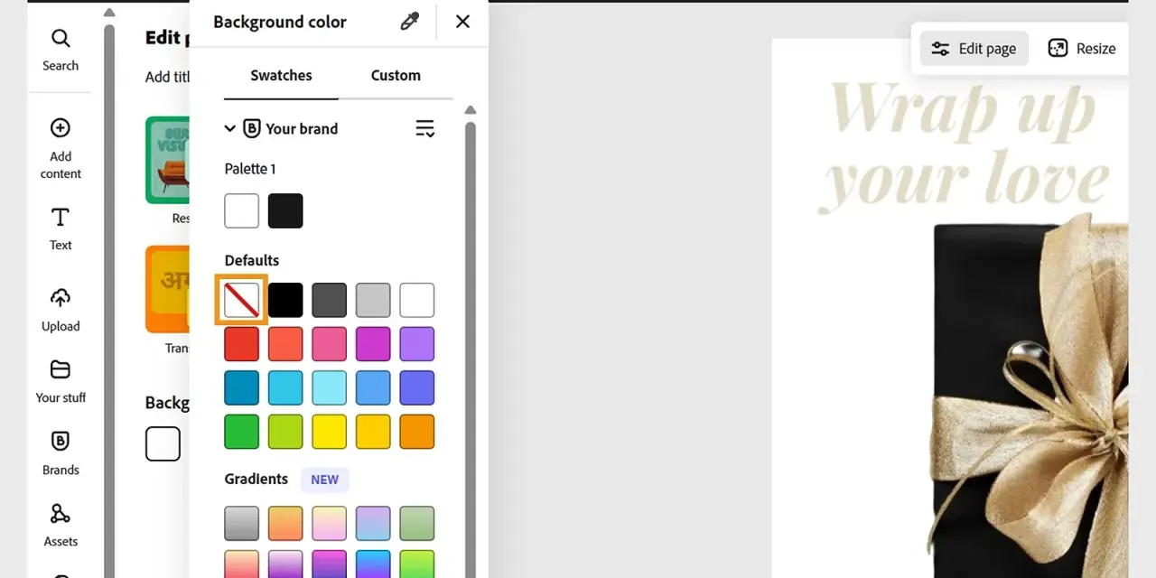 Interfaz de Adobe Express para quitar fondo, mostrando opciones de color de fondo y una imagen de regalo.