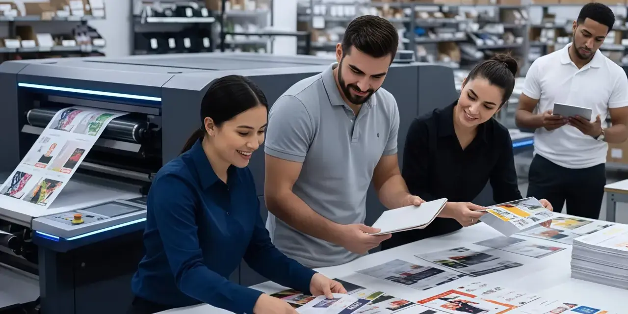Equipo revisa impresiones de alta calidad en imprentas digitales. La tecnología avanza para ofrecer resultados perfectos.