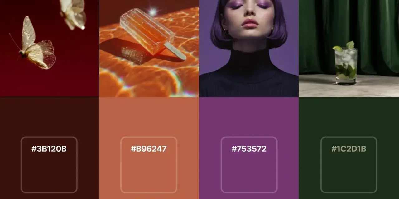 Paleta de colores inspirada en mariposas, un helado naranja, una modelo con maquillaje morado y un mojito, evocando los colores de la navidad.