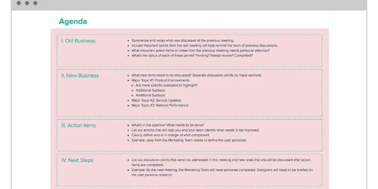 Agenda corporativa detallando puntos de negocio antiguo y nuevo, acciones y próximos pasos.