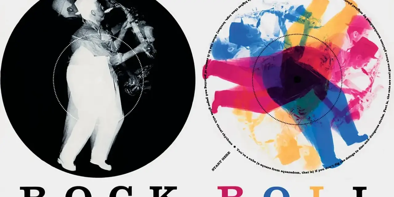 Diseño de Paul Rand con saxofonista en blanco y negro y músicos coloridos superpuestos. "ROCK ROLL" en letras grandes.