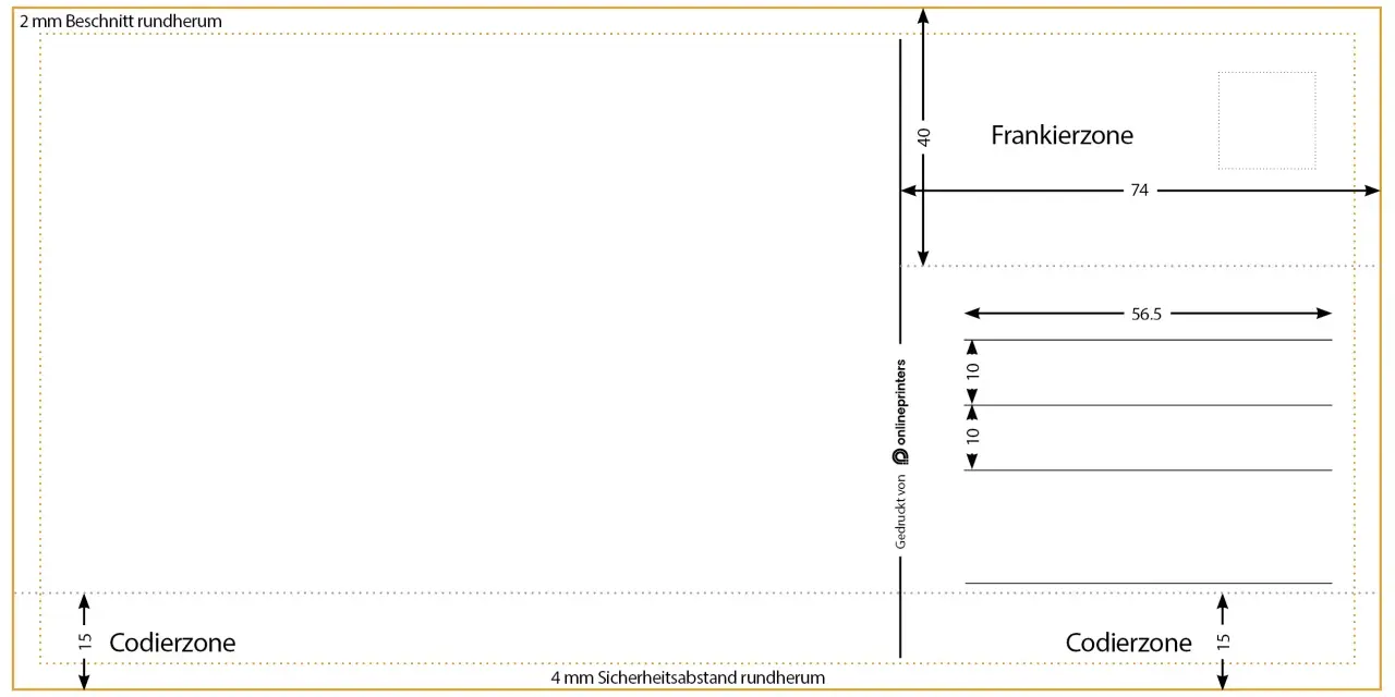 Plantilla para postales para imprimir, con zonas de corte, codificación y franqueo.
