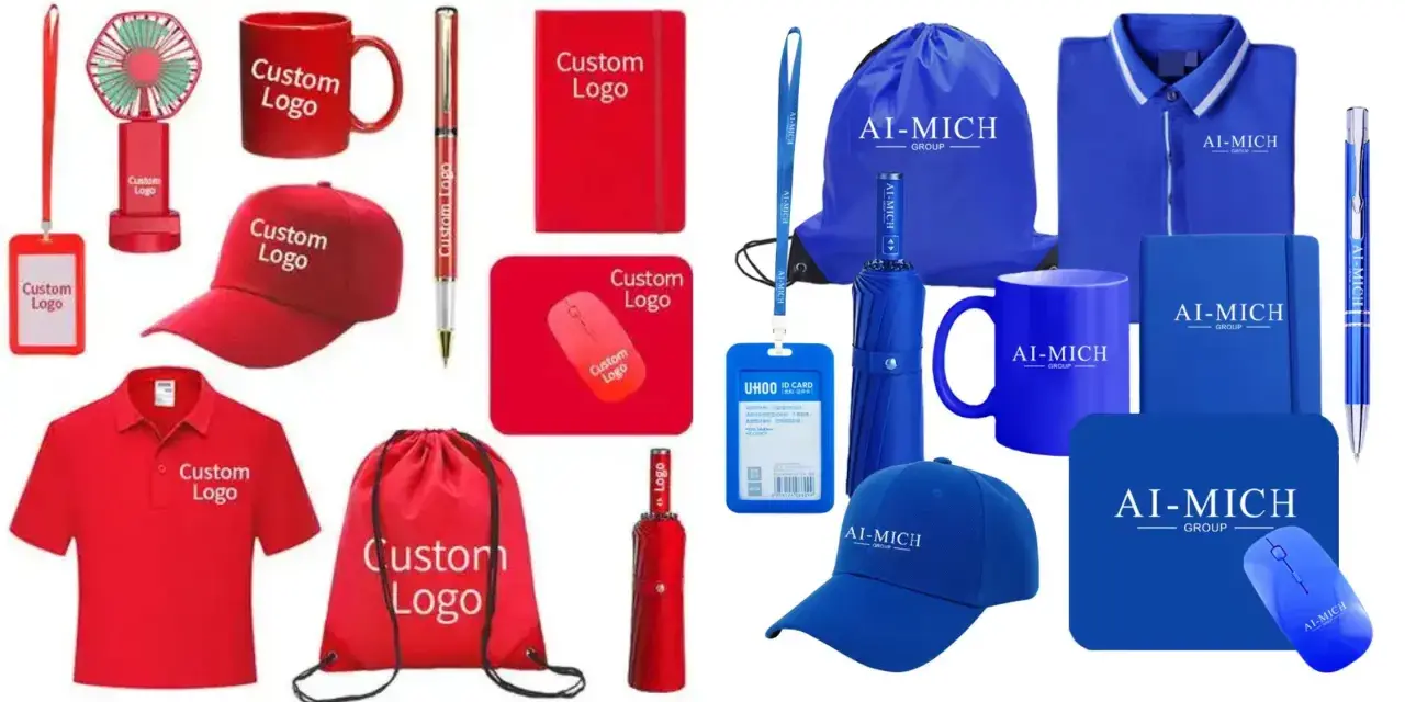 Variedad de productos de marketing personalizables: gorras, polos, tazas, bolígrafos, abanicos, ratones, paraguas, cuadernos y bolsas con logos.