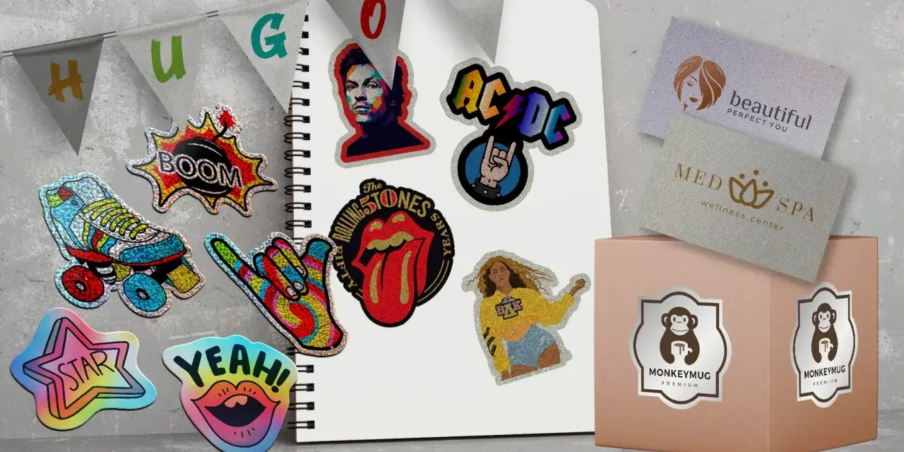 Variedad de ideas de pegatinas brillantes: patines, rock, estrellas, labios, y logos de bandas.